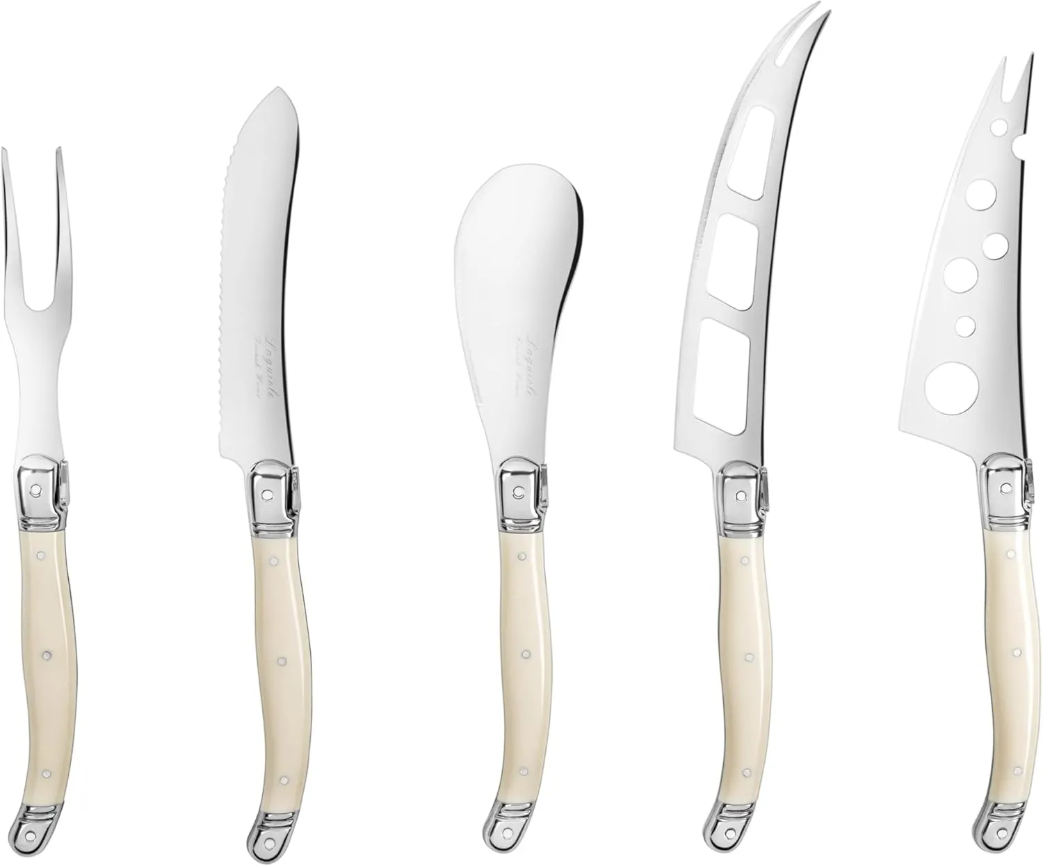 French Home Laguiole 5-Piece Artisan Cheese Knife Set – Versatile Cheese Knives Set with Three-Rivet Ivory-Colored Handles & Iconic Bee Emblem – Sophisticated Charcuterie Board Accessories