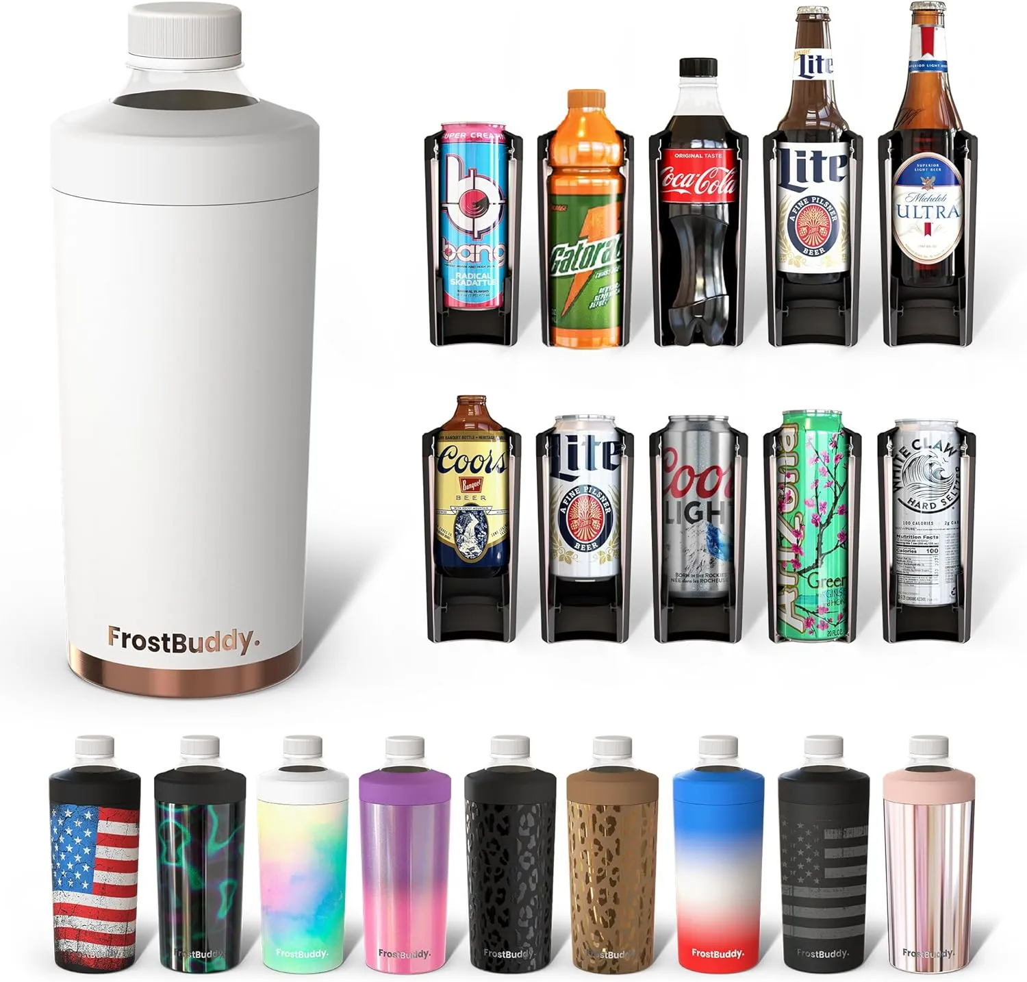 Frost Buddy Universal XL Can Cooler - Fits All - For 12, 16, 20, and 24 ounce Bottles - Insulated Double-Walled Stainless Steel (Copper Kiss)