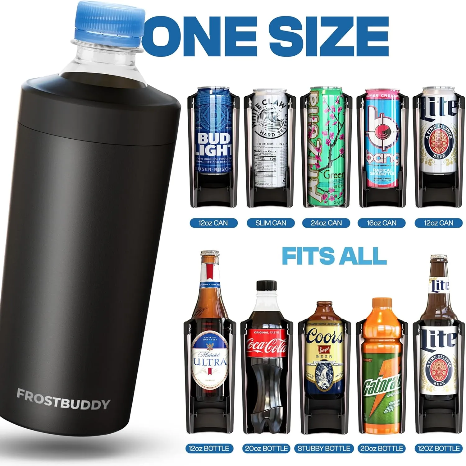 Frost Buddy Universal XL Can Cooler - Fits All - For 12, 16, 20, and 24 ounce Bottles - Insulated Double-Walled Stainless Steel (Copper Kiss)