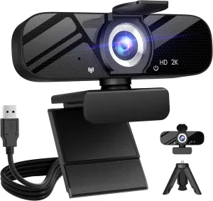 Full HD Webcam with Built-in Microphone and Rotatable Tripod, 2K Video and Wide Angle Camera, Privacy Cover, for Desktop PC or Laptop Computer