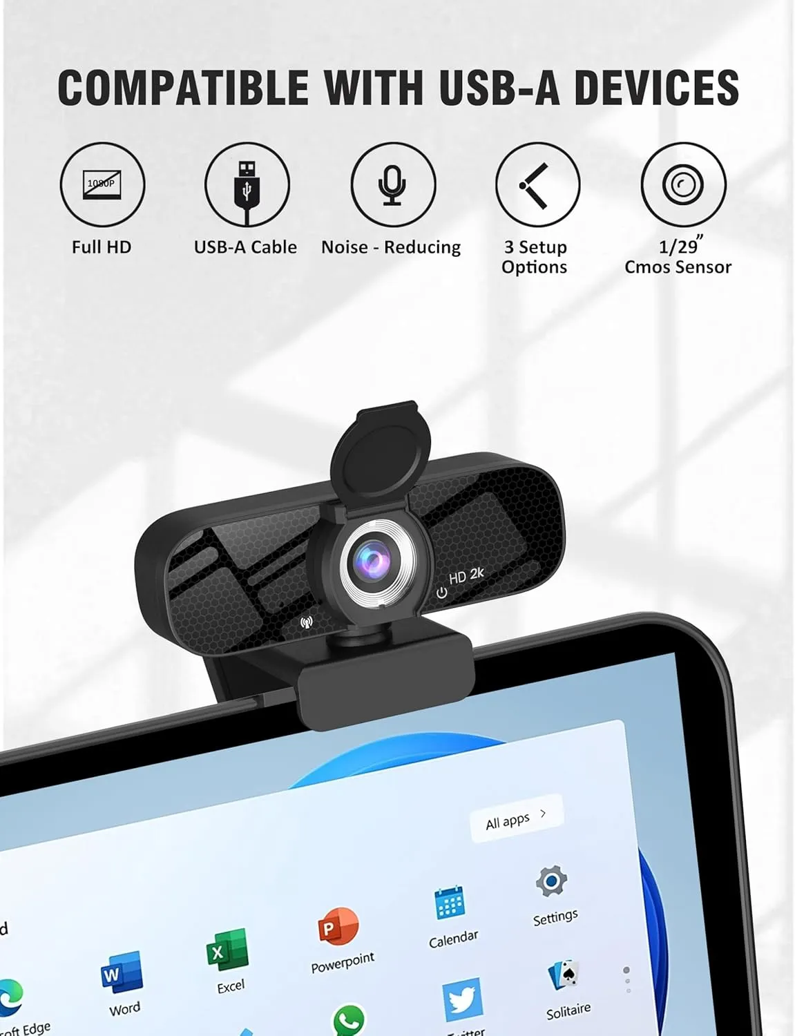 Full HD Webcam with Built-in Microphone and Rotatable Tripod, 2K Video and Wide Angle Camera, Privacy Cover, for Desktop PC or Laptop Computer