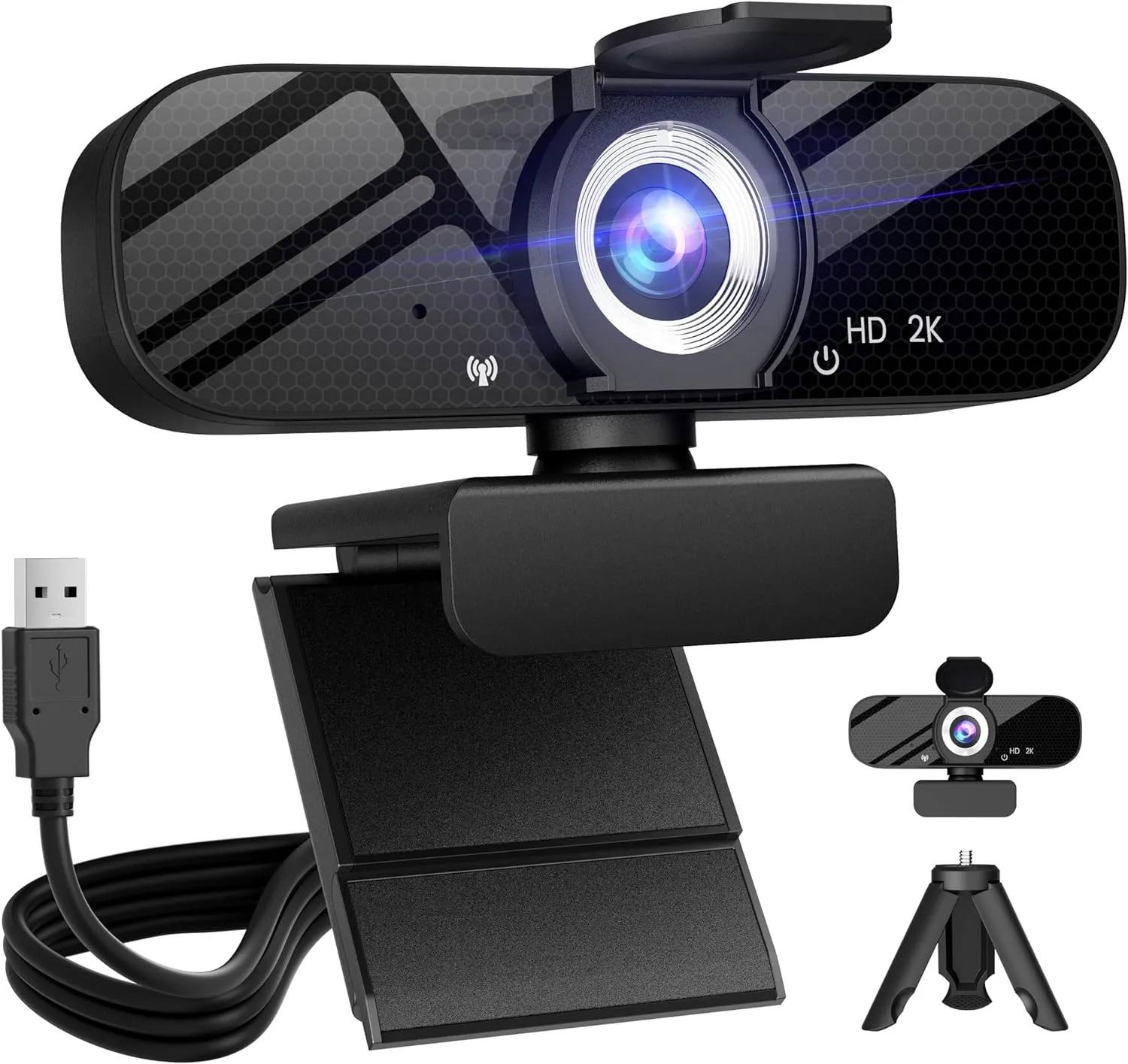 Full HD Webcam with Built-in Microphone and Rotatable Tripod, 2K Video and Wide Angle Camera, Privacy Cover, for Desktop PC or Laptop Computer