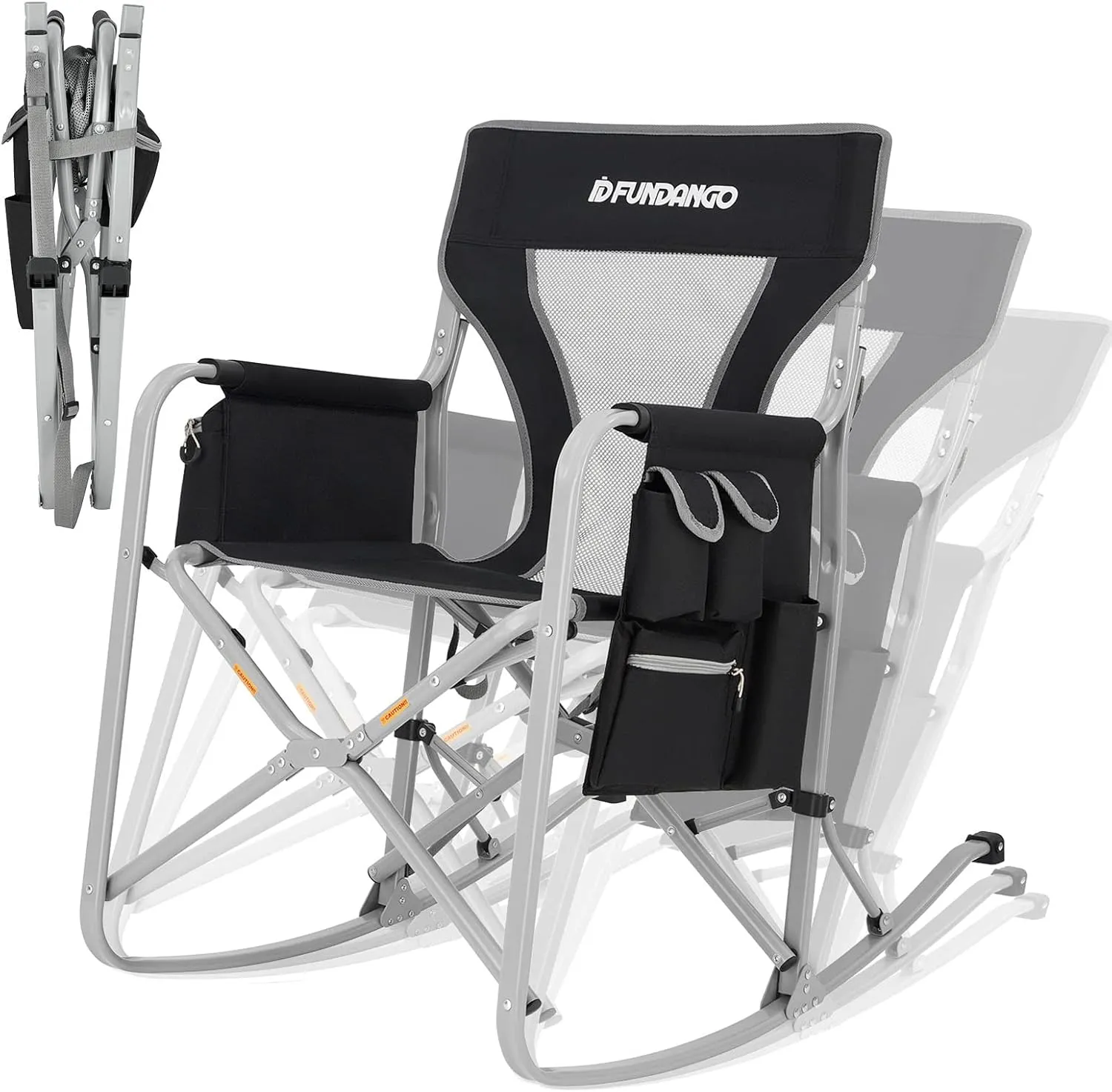 FUNDANGO Rocking Camping Chair for Adults, Oversized Portable Rocking Chair Outdoor Folding with Cooler and Side Pocket for Outside, Backyard, Patio, Lawn, Garden (Black/Grey)
