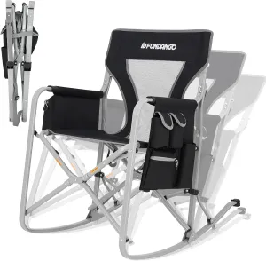FUNDANGO Rocking Camping Chair for Adults, Oversized Portable Rocking Chair Outdoor Folding with Cooler and Side Pocket for Outside, Backyard, Patio, Lawn, Garden (Black/Grey)