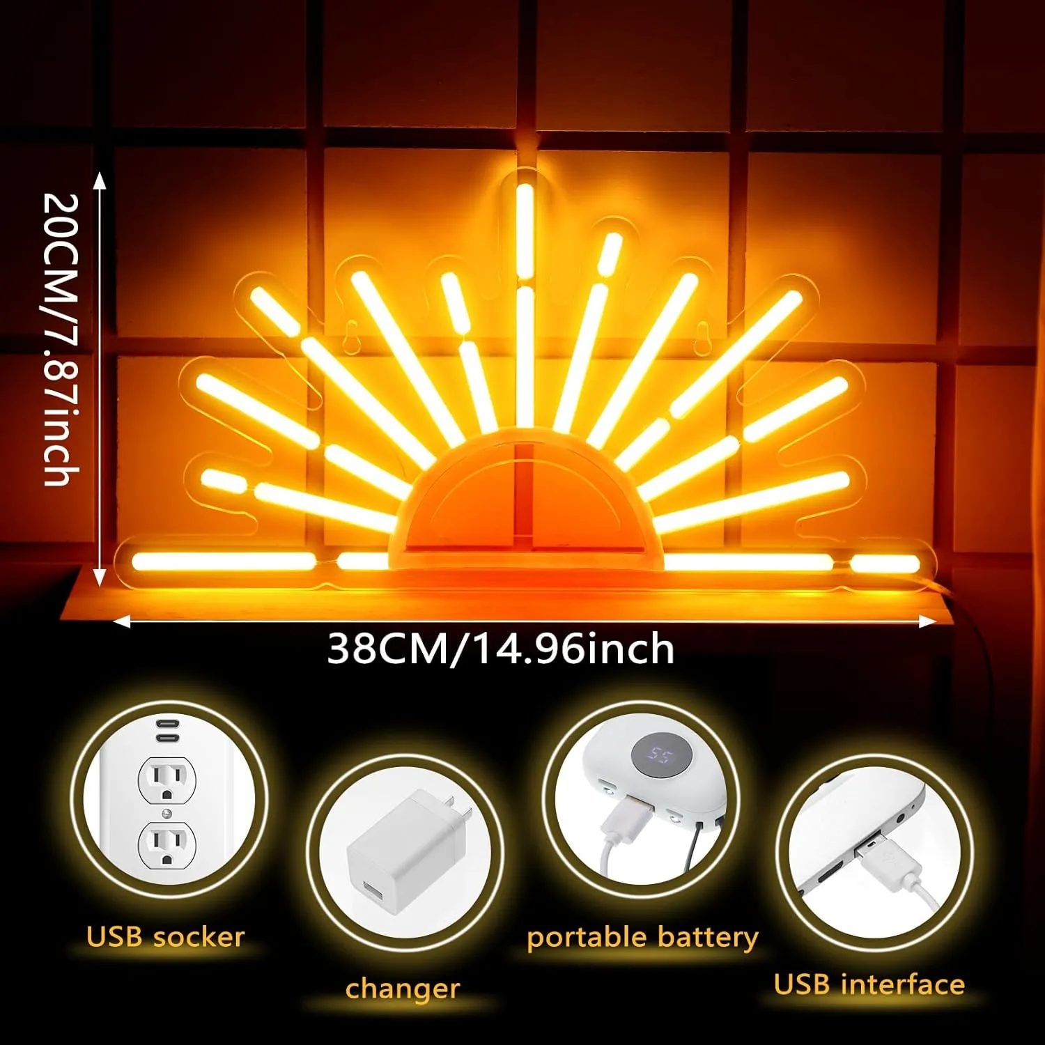 Ganeen Orange Sunrise Sunset Neon Sign Boho Wall Art Neon Lights for Bedroom Sun on the Horizon LED Signs Wall USB Night Room Decor for Living Room, Kitchen, Bathroom, Office Decor