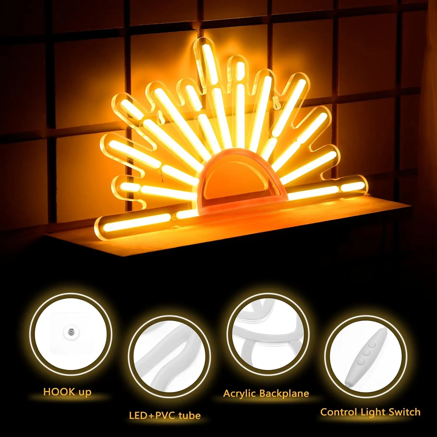 Ganeen Orange Sunrise Sunset Neon Sign Boho Wall Art Neon Lights for Bedroom Sun on the Horizon LED Signs Wall USB Night Room Decor for Living Room, Kitchen, Bathroom, Office Decor