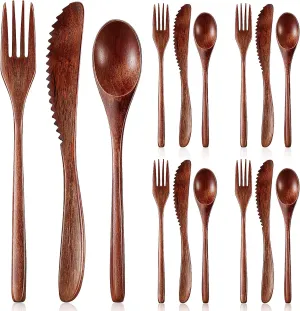 Geiserailie 12 Pcs Wooden Utensils for Eating Wooden Spoon Fork Knife Cutlery Set Kitchen Wood Dinner Flatware Tableware Set Includes Spoon, Fork, Knife (Phoebe Wood)