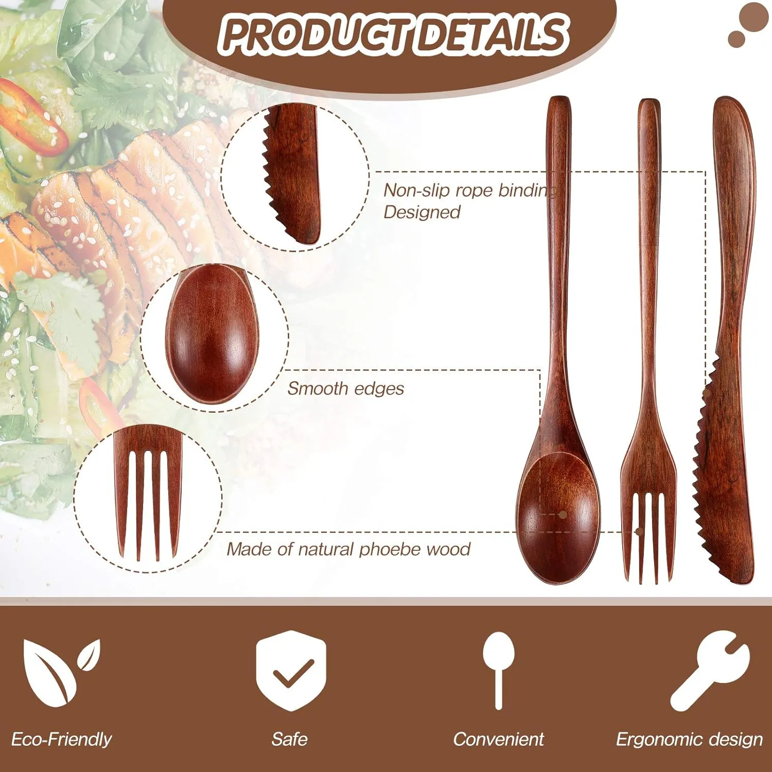 Geiserailie 12 Pcs Wooden Utensils for Eating Wooden Spoon Fork Knife Cutlery Set Kitchen Wood Dinner Flatware Tableware Set Includes Spoon, Fork, Knife (Phoebe Wood)