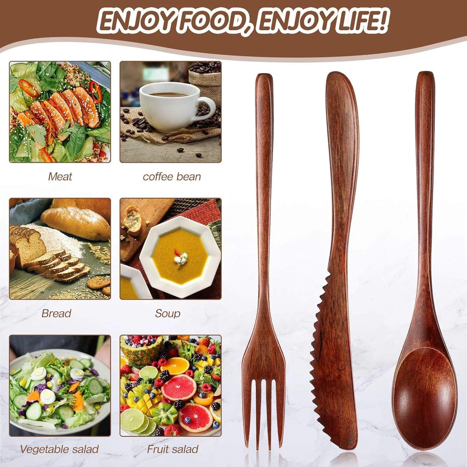 Geiserailie 12 Pcs Wooden Utensils for Eating Wooden Spoon Fork Knife Cutlery Set Kitchen Wood Dinner Flatware Tableware Set Includes Spoon, Fork, Knife (Phoebe Wood)