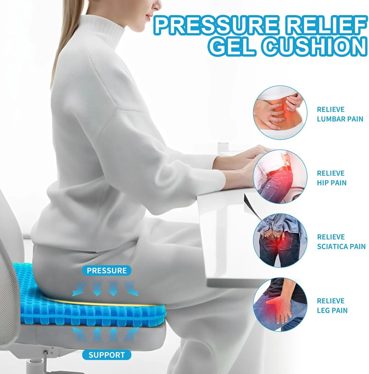 Gel Seat Cushion for Long Sitting, (2.4 Inch Extra Thick Cushion) Egg Sitter Gel Cushion, Soft＆Breathable Pressure Relief Seat Cushions, Gel Pad for Chair