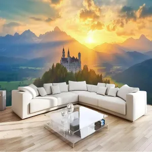 German Architecture Wall Mural 161" Wx 108" H - Mountain Top Sunset Large Photo Wallpaper, Photo Wall Decor for Living Room Bedroom TV and Sofa Background Kids Rooms