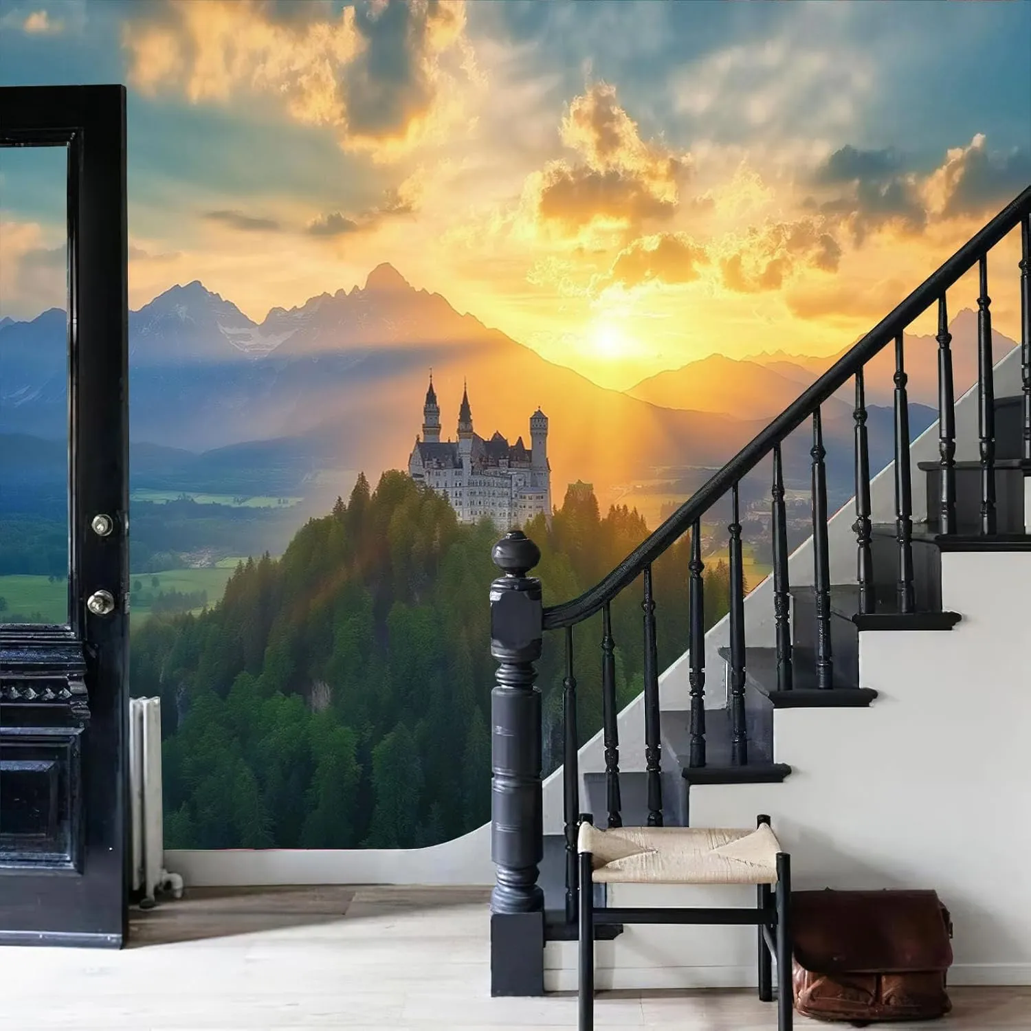 German Architecture Wall Mural 161" Wx 108" H - Mountain Top Sunset Large Photo Wallpaper, Photo Wall Decor for Living Room Bedroom TV and Sofa Background Kids Rooms