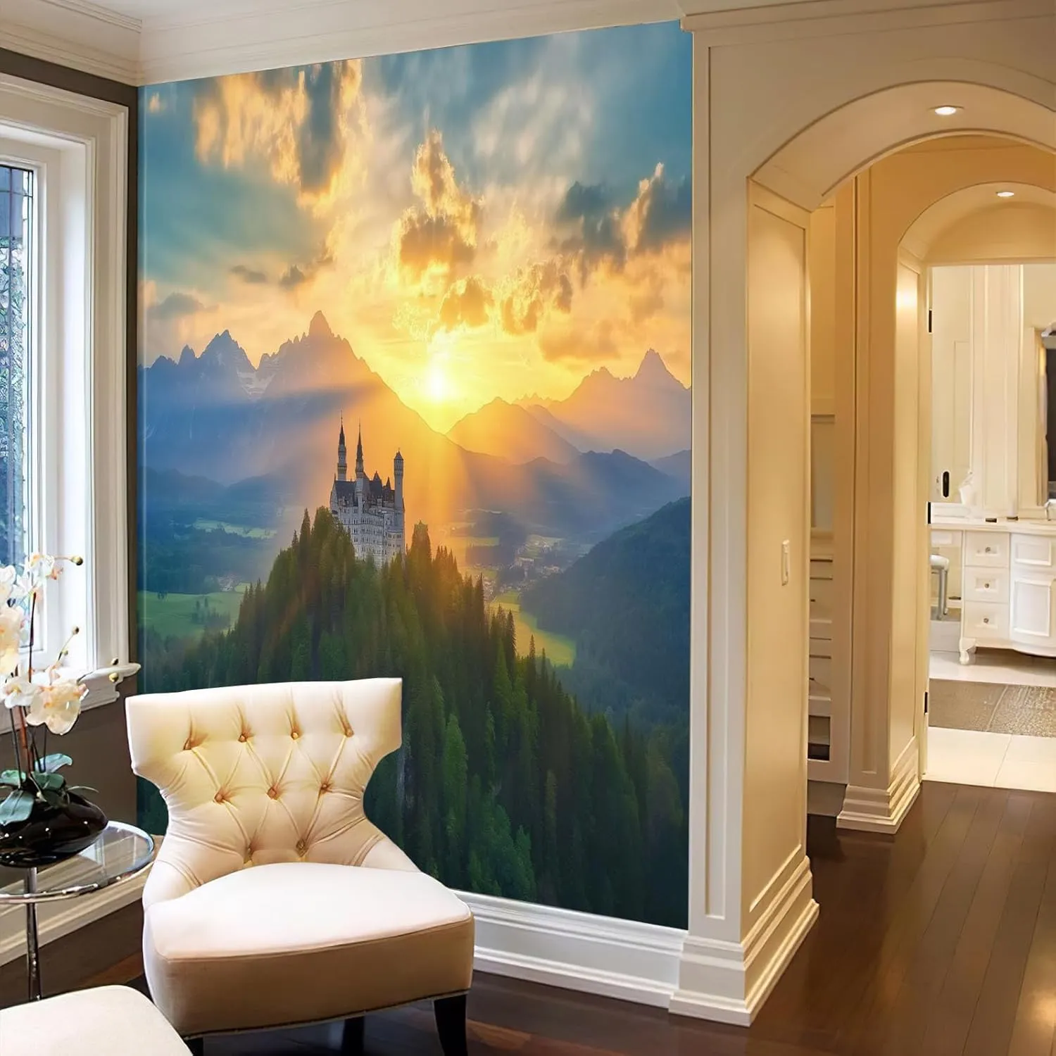 German Architecture Wall Mural 161" Wx 108" H - Mountain Top Sunset Large Photo Wallpaper, Photo Wall Decor for Living Room Bedroom TV and Sofa Background Kids Rooms