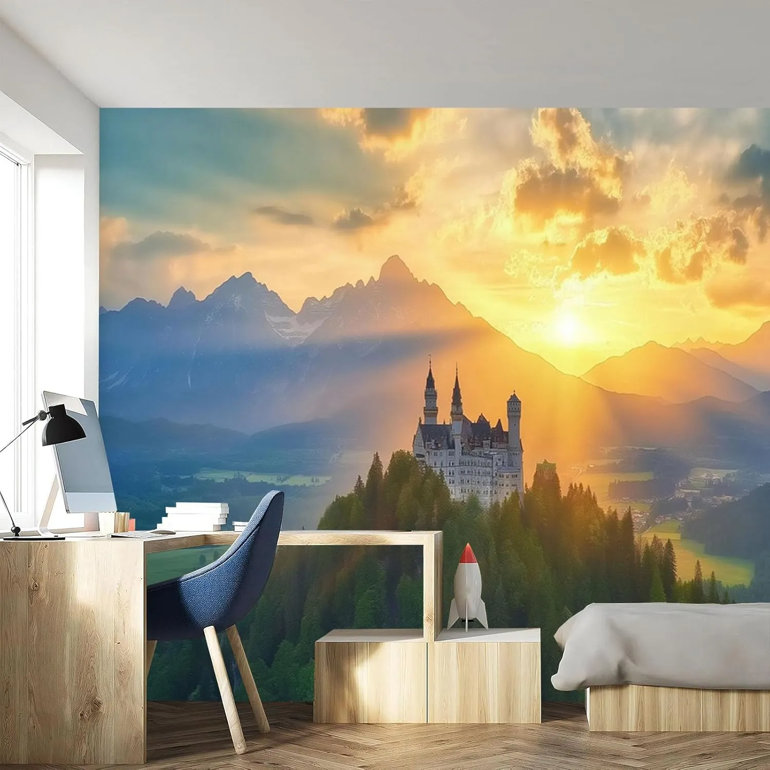 German Architecture Wall Mural 161" Wx 108" H - Mountain Top Sunset Large Photo Wallpaper, Photo Wall Decor for Living Room Bedroom TV and Sofa Background Kids Rooms