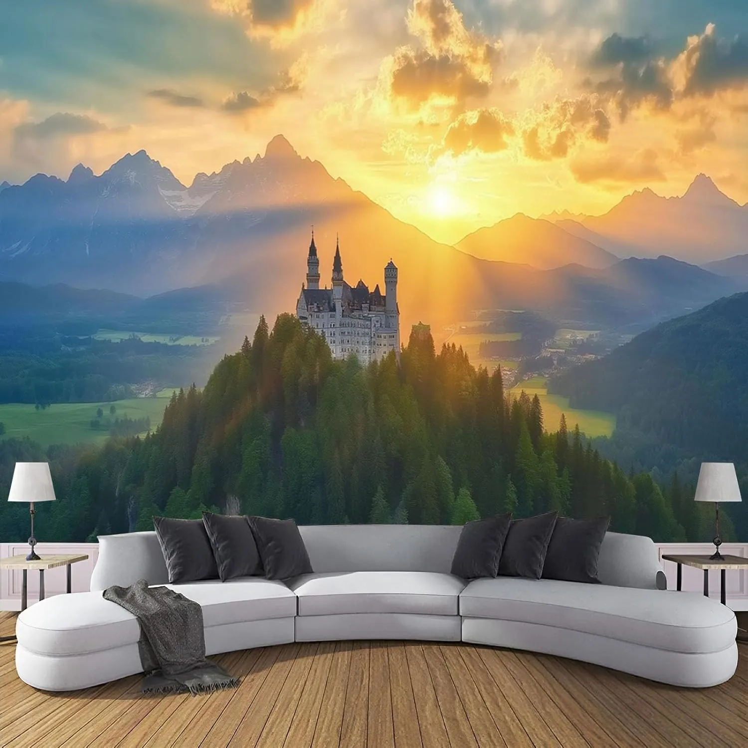 German Architecture Wall Mural 161" Wx 108" H - Mountain Top Sunset Large Photo Wallpaper, Photo Wall Decor for Living Room Bedroom TV and Sofa Background Kids Rooms