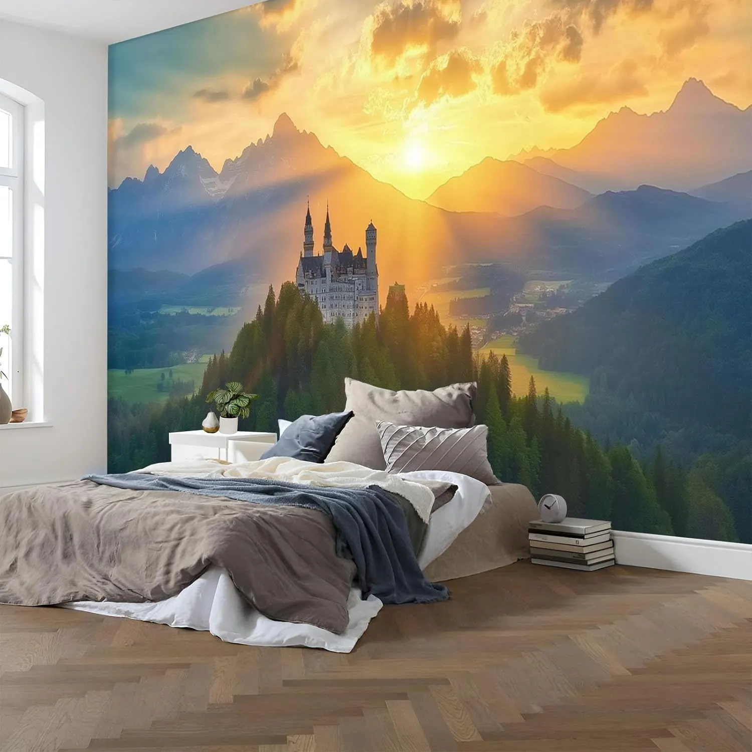 German Architecture Wall Mural 161" Wx 108" H - Mountain Top Sunset Large Photo Wallpaper, Photo Wall Decor for Living Room Bedroom TV and Sofa Background Kids Rooms