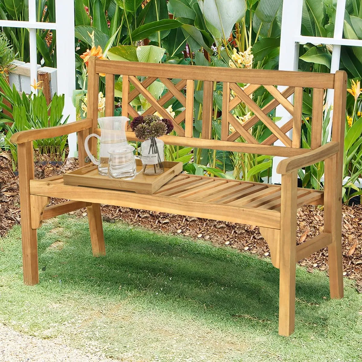 Giantex Outdoor Bench, Patio Wooden Bench, 4 Ft Foldable Acacia Wood Garden Bench, Outside Loveseat with Curved Backrest and Armrest, 705Lbs Weight Capacity, Park Bench for Outdoors, Porch, Balcony