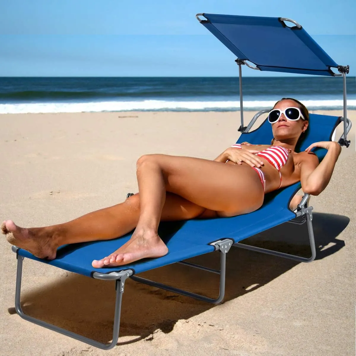 Giantex Tanning Chair, Patio Chaise Lounge Chair with 5 Adjustable Position, Shade Canopy, Storage Pocket, Camping Cot, Outdoor Sunbathing Recliner for Poolside, Lawn Folding Beach Chairs(1, Navy)