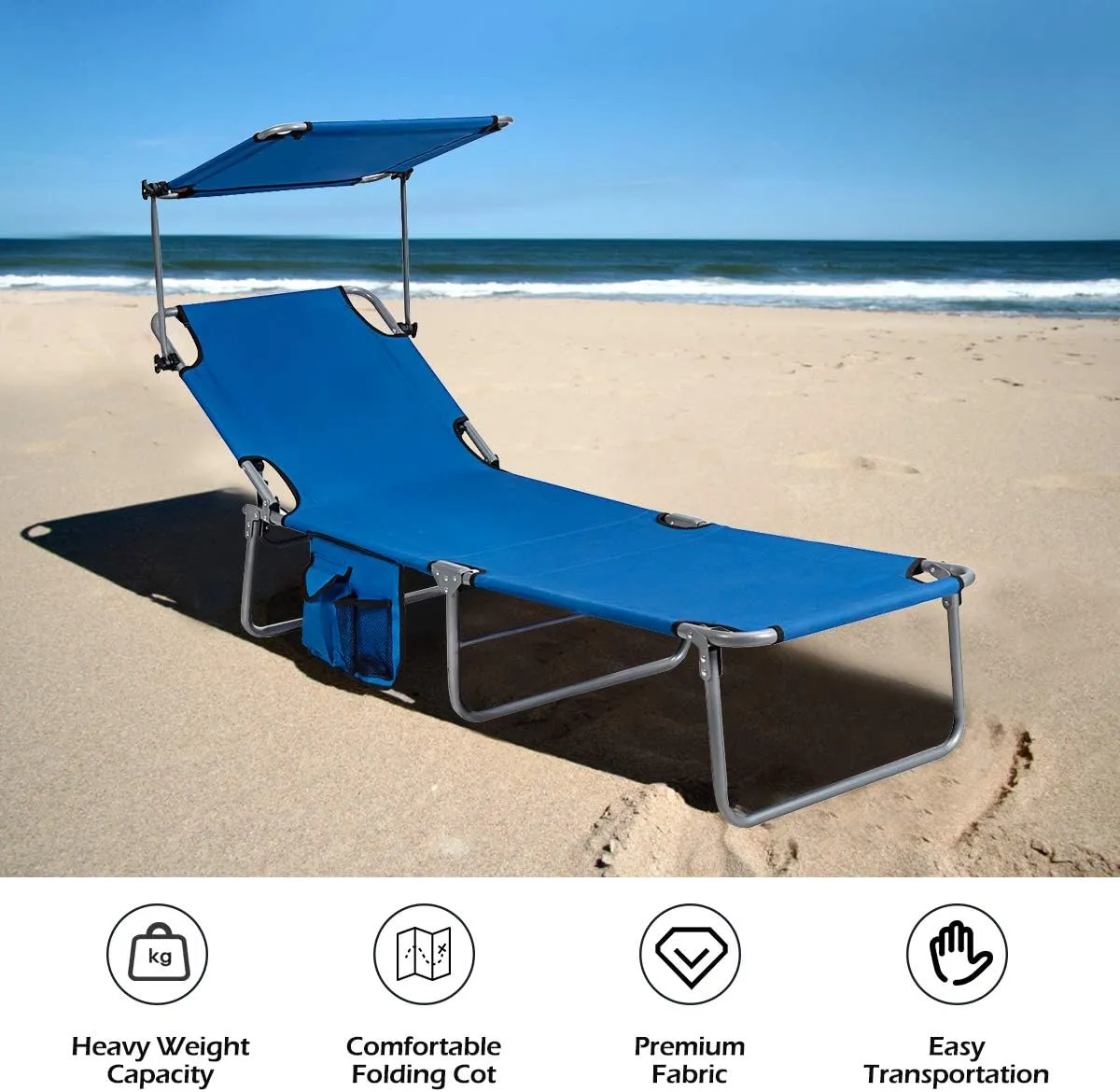 Giantex Tanning Chair, Patio Chaise Lounge Chair with 5 Adjustable Position, Shade Canopy, Storage Pocket, Camping Cot, Outdoor Sunbathing Recliner for Poolside, Lawn Folding Beach Chairs(1, Navy)