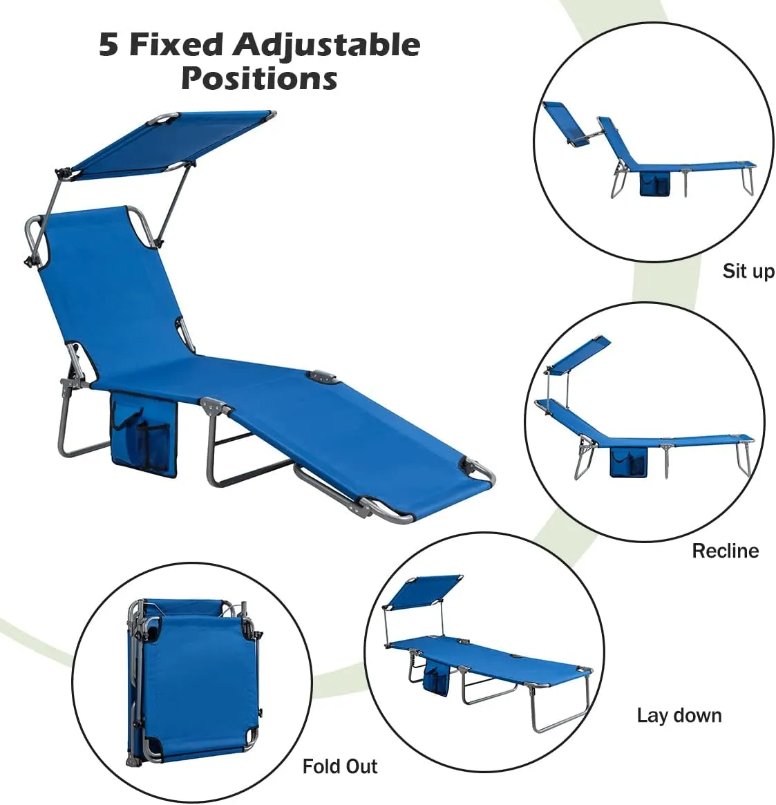 Giantex Tanning Chair, Patio Chaise Lounge Chair with 5 Adjustable Position, Shade Canopy, Storage Pocket, Camping Cot, Outdoor Sunbathing Recliner for Poolside, Lawn Folding Beach Chairs(1, Navy)