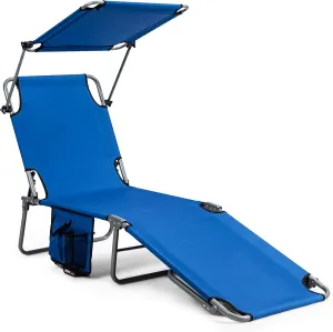 Giantex Tanning Chair, Patio Chaise Lounge Chair with 5 Adjustable Position, Shade Canopy, Storage Pocket, Camping Cot, Outdoor Sunbathing Recliner for Poolside, Lawn Folding Beach Chairs(1, Navy)