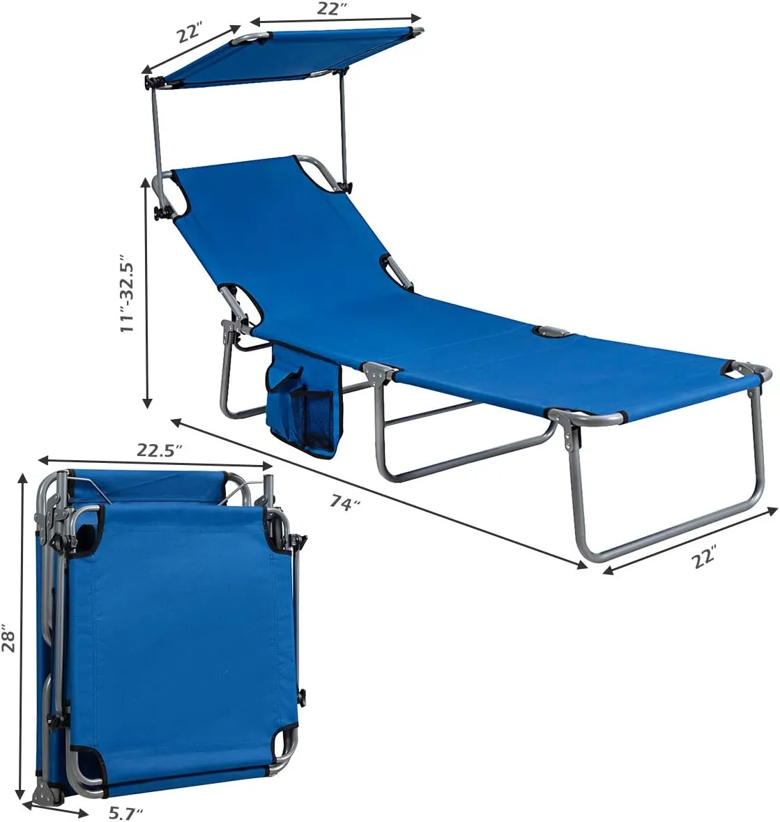 Giantex Tanning Chair, Patio Chaise Lounge Chair with 5 Adjustable Position, Shade Canopy, Storage Pocket, Camping Cot, Outdoor Sunbathing Recliner for Poolside, Lawn Folding Beach Chairs(1, Navy)