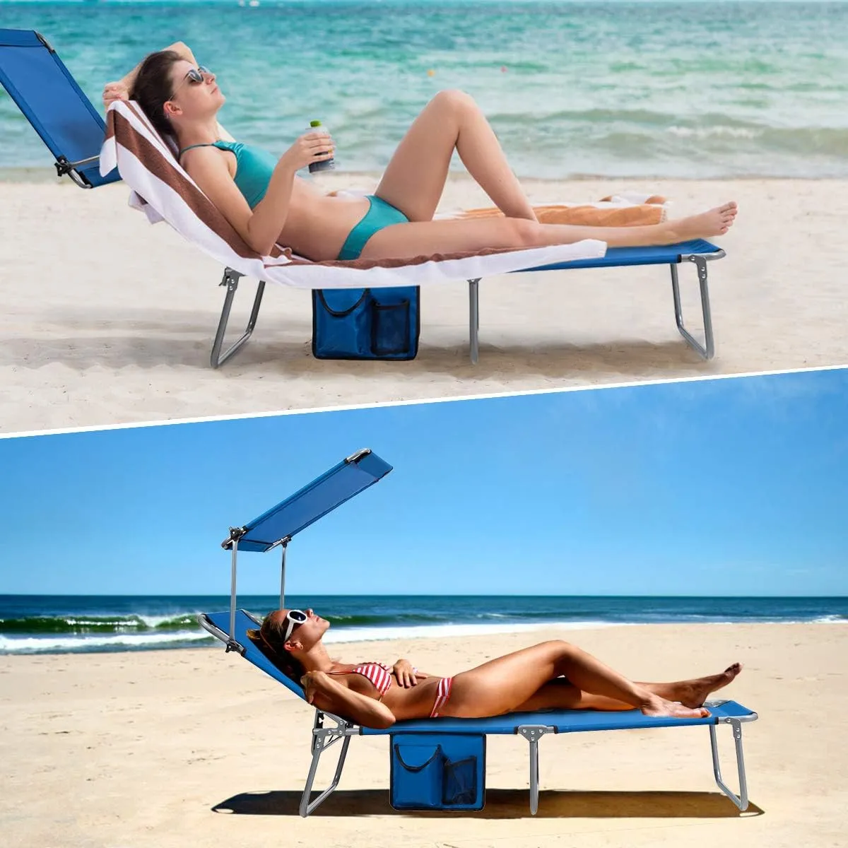 Giantex Tanning Chair, Patio Chaise Lounge Chair with 5 Adjustable Position, Shade Canopy, Storage Pocket, Camping Cot, Outdoor Sunbathing Recliner for Poolside, Lawn Folding Beach Chairs(1, Navy)