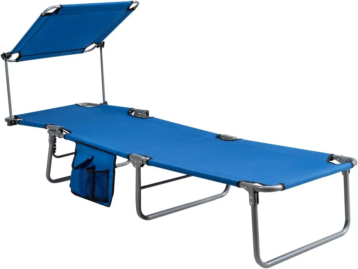 Giantex Tanning Chair, Patio Chaise Lounge Chair with 5 Adjustable Position, Shade Canopy, Storage Pocket, Camping Cot, Outdoor Sunbathing Recliner for Poolside, Lawn Folding Beach Chairs(1, Navy)