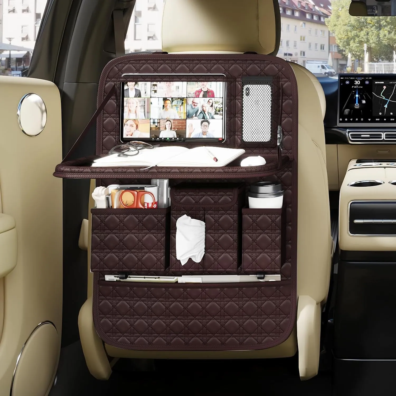 GMQ Seat Organizer 1 Pack, Car Backseat Organizer with Tray,Multifunctional Car Seat Back Storage Box Car Seat Back Storage with Foldable Tablet Holder (Coffee Brown)