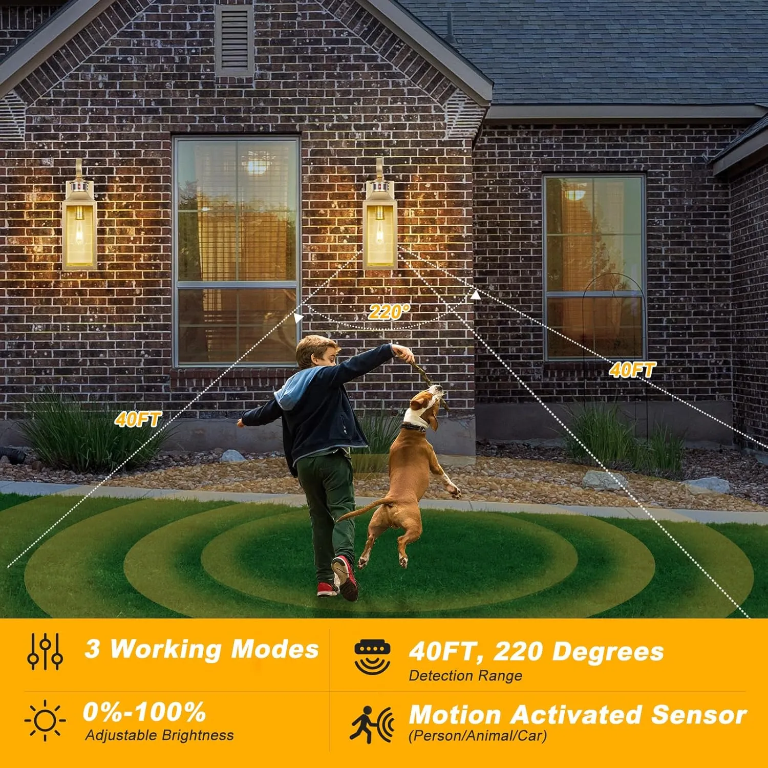 Gold Motion Sensor Outdoor Light, 16" Dusk to Dawn Outdoor Lighting, Exterior Wall Sconce Waterproof, Large Outside Lamps for House, Modern Wall Mount Porch Lanterns 3 Modes, 1 Pack