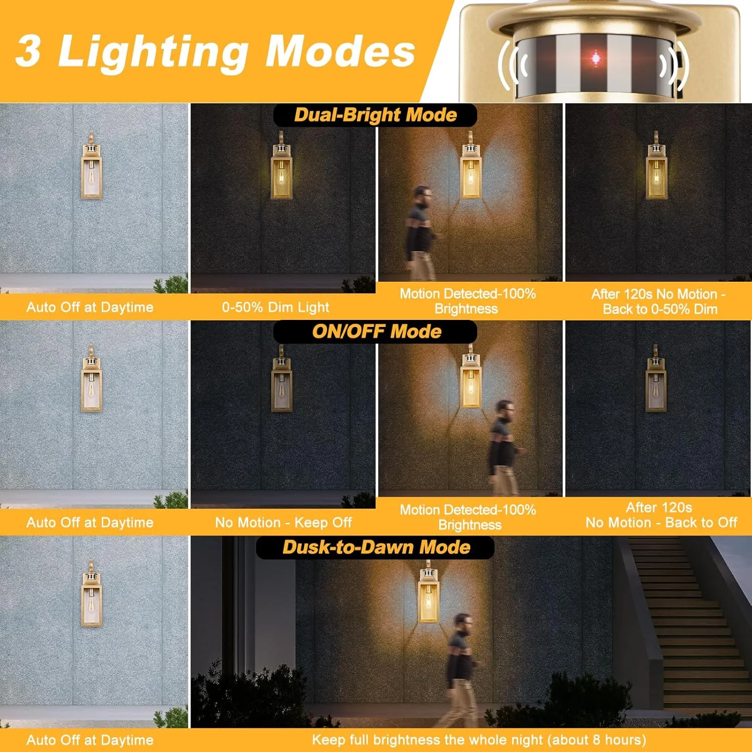 Gold Motion Sensor Outdoor Light, 16" Dusk to Dawn Outdoor Lighting, Exterior Wall Sconce Waterproof, Large Outside Lamps for House, Modern Wall Mount Porch Lanterns 3 Modes, 1 Pack