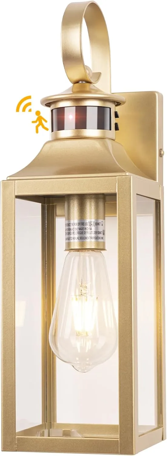 Gold Motion Sensor Outdoor Light, 16" Dusk to Dawn Outdoor Lighting, Exterior Wall Sconce Waterproof, Large Outside Lamps for House, Modern Wall Mount Porch Lanterns 3 Modes, 1 Pack