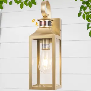 Gold Motion Sensor Outdoor Light, 16" Dusk to Dawn Outdoor Lighting, Exterior Wall Sconce Waterproof, Large Outside Lamps for House, Modern Wall Mount Porch Lanterns 3 Modes, 1 Pack