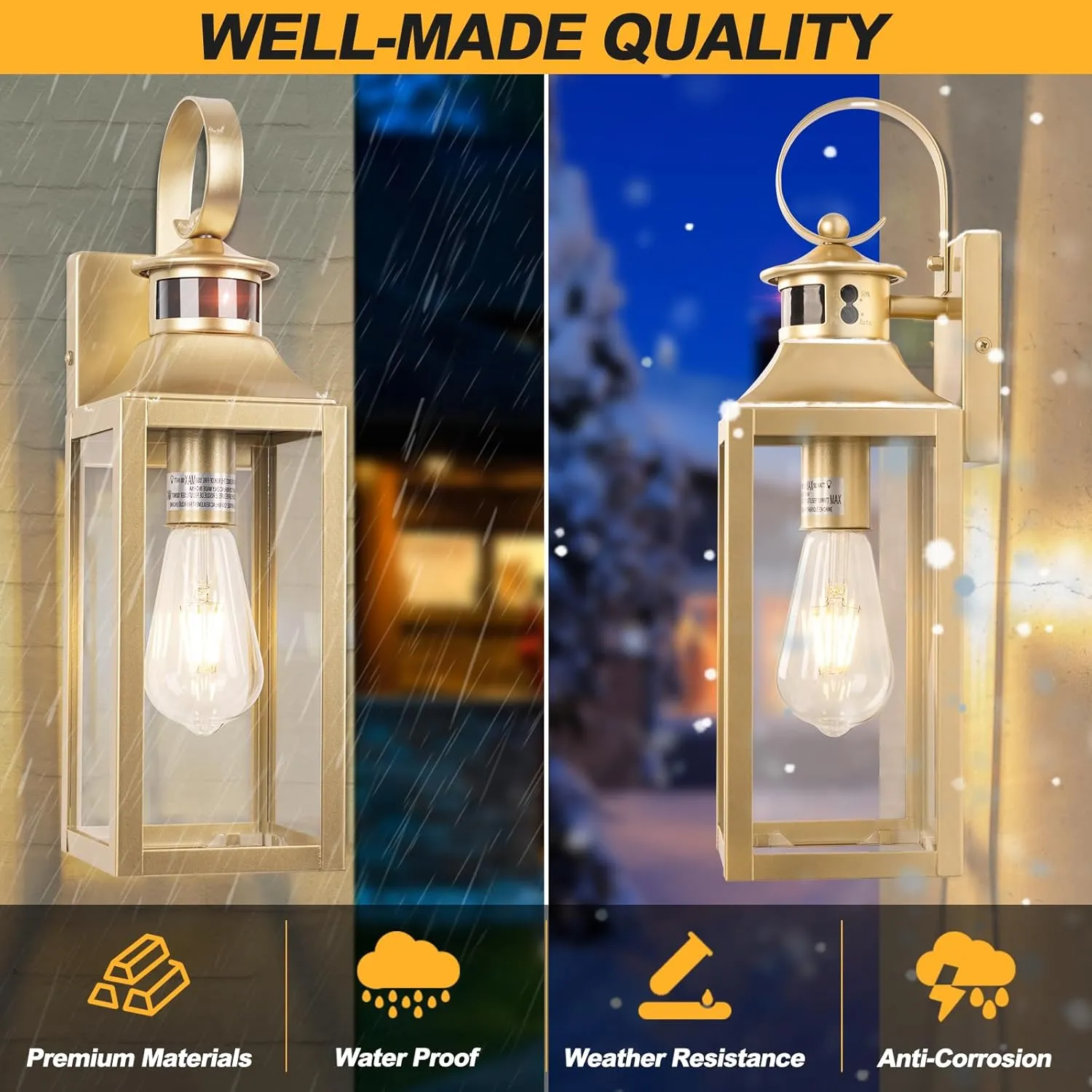Gold Motion Sensor Outdoor Light, 16" Dusk to Dawn Outdoor Lighting, Exterior Wall Sconce Waterproof, Large Outside Lamps for House, Modern Wall Mount Porch Lanterns 3 Modes, 1 Pack