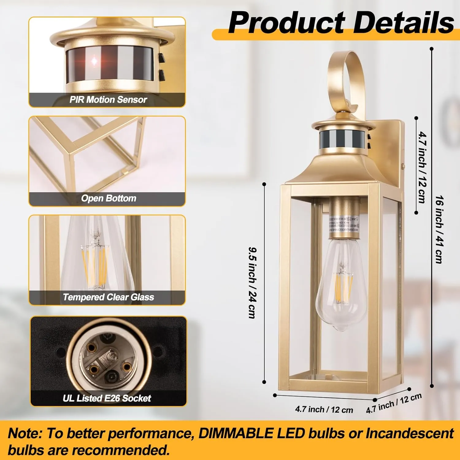 Gold Motion Sensor Outdoor Light, 16" Dusk to Dawn Outdoor Lighting, Exterior Wall Sconce Waterproof, Large Outside Lamps for House, Modern Wall Mount Porch Lanterns 3 Modes, 1 Pack
