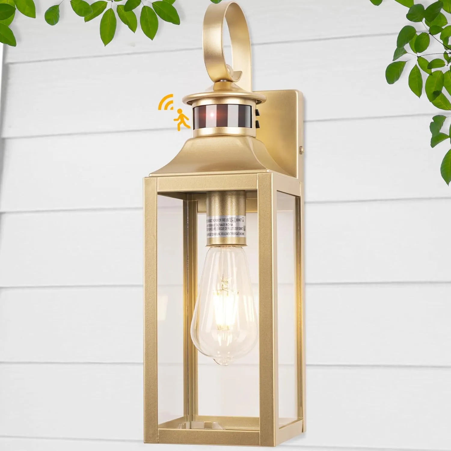 Gold Motion Sensor Outdoor Light, 16" Dusk to Dawn Outdoor Lighting, Exterior Wall Sconce Waterproof, Large Outside Lamps for House, Modern Wall Mount Porch Lanterns 3 Modes, 1 Pack