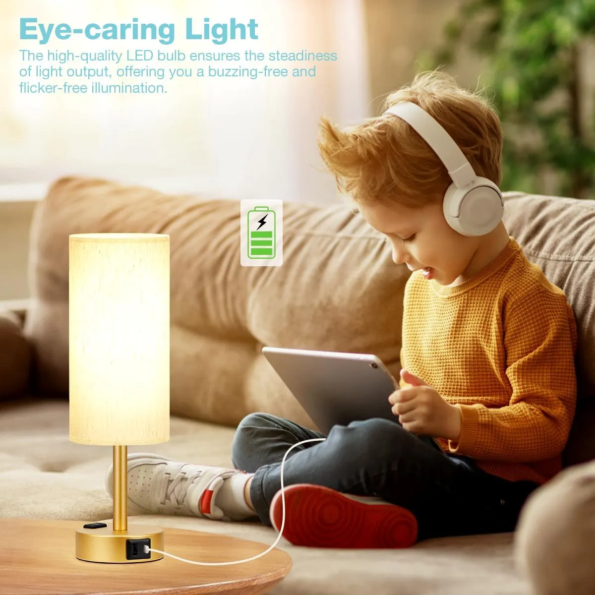 Gold Nightstand Bedroom Lamp - 3 Way Dimmable Bedside Lamp USB C A Charging Ports and AC Outlet, Small Table Lamp Linen Lampshade for Office Desk, LED Bulb Included