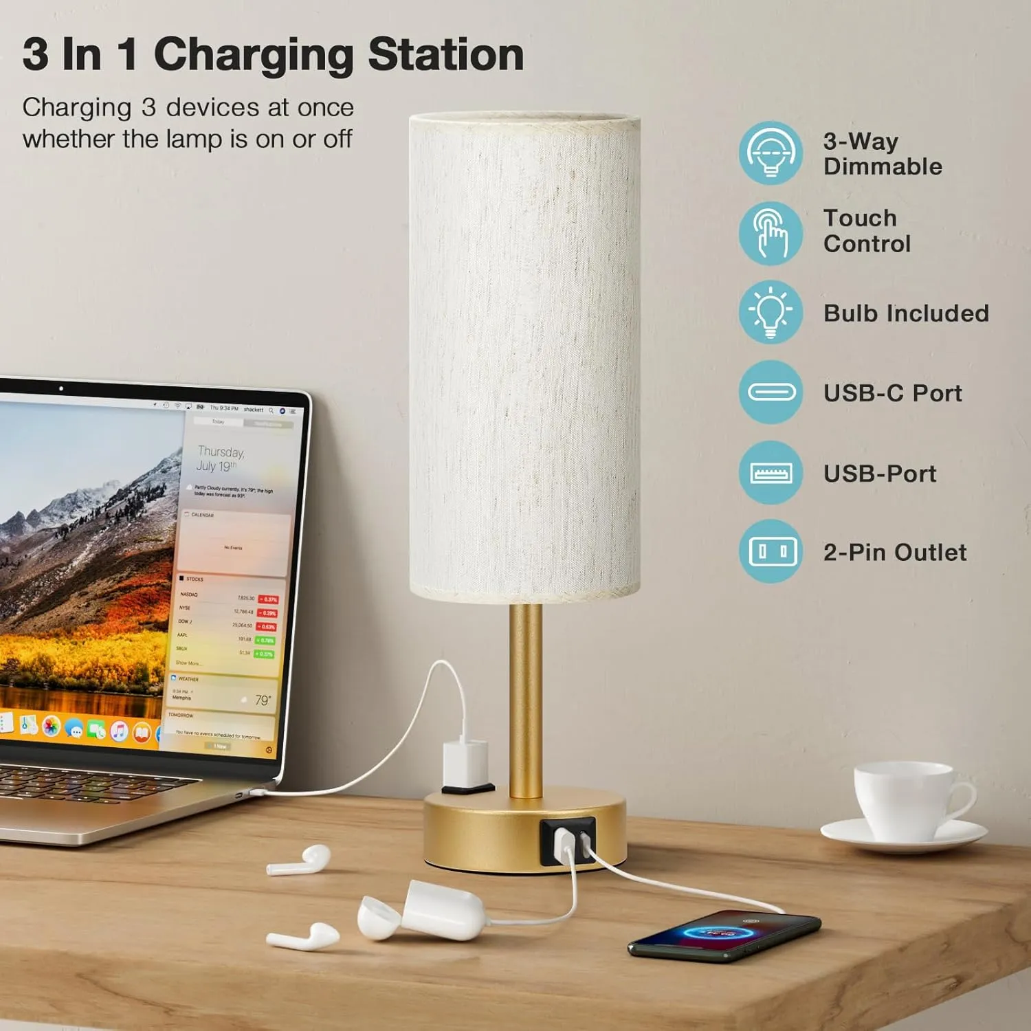 Gold Nightstand Bedroom Lamp - 3 Way Dimmable Bedside Lamp USB C A Charging Ports and AC Outlet, Small Table Lamp Linen Lampshade for Office Desk, LED Bulb Included