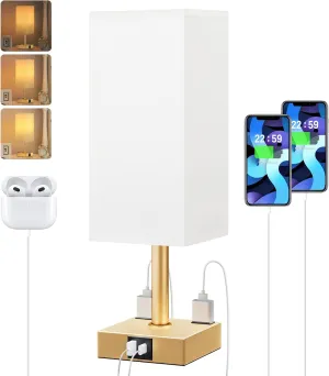 Gold White Touch Table Lamp - Bedside Lamp with USB A   Type C Charging Ports and Two AC Outlets, Small Night Stand with E26 LED Bulb, Desk Light for Bedroom Living Room Office Dorm