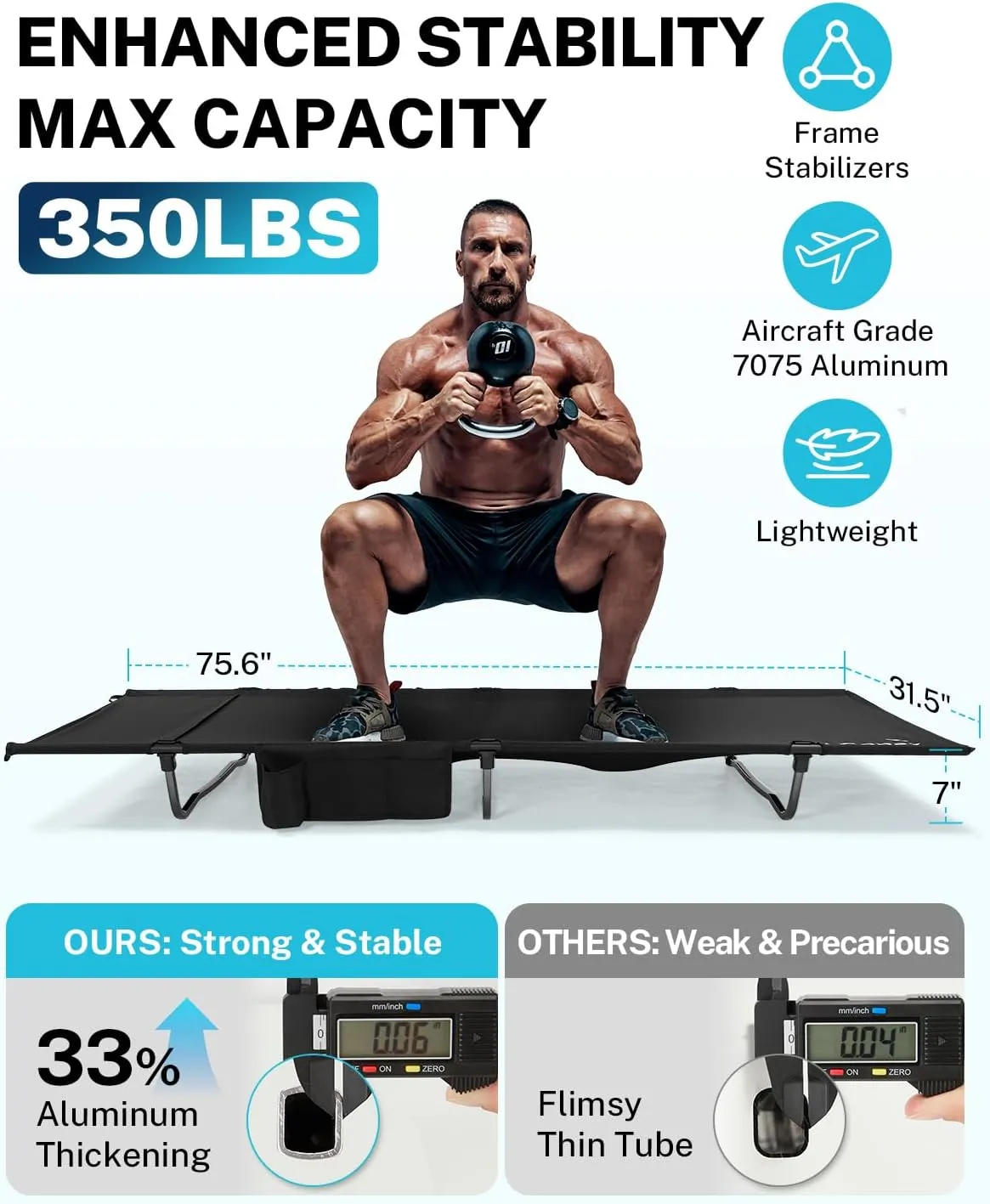 Gonex 31.5" Extra Wide Camping Cot with Premium Pillow Pocket Supports 350lbs, Portable Ultralight Folding Cot Bed for Adults Travel, Beach, Home, Sleeping (Black)
