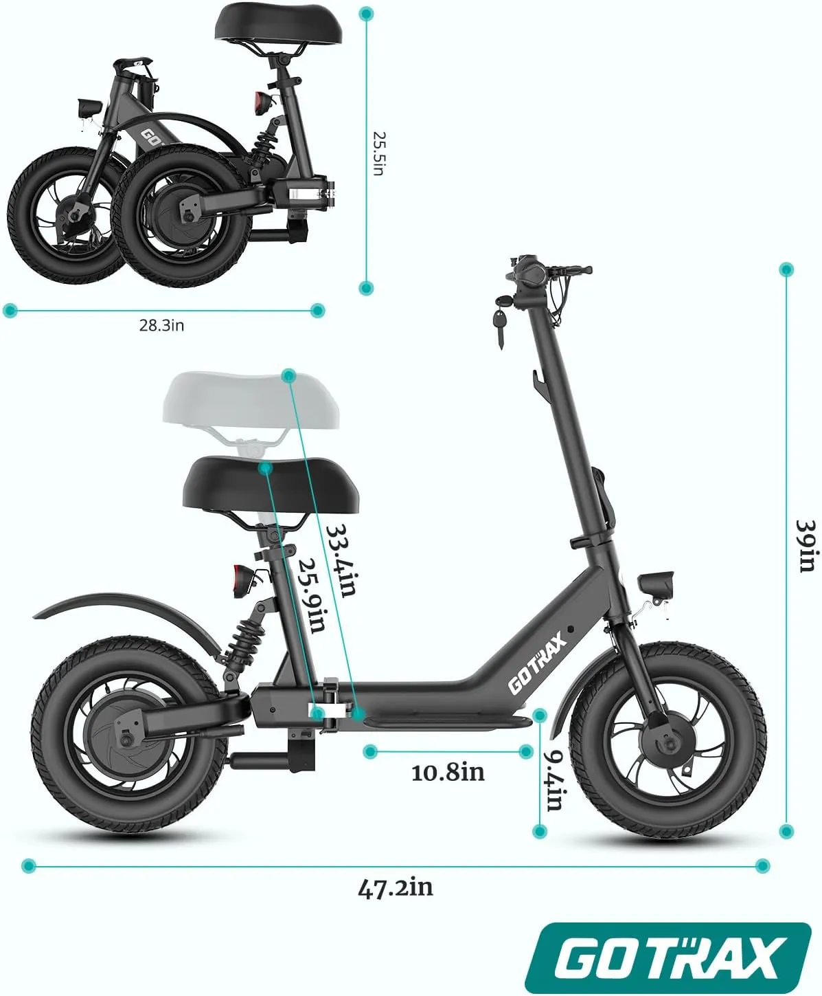 Gotrax A3 Electric Scooter with Seat for Adults, 350W Motor, 15.5MPH Top Speed, Max 9.5 Miles Range, 12" Pneumatic Tire and Height Adujustable Seat, Lightweight and Foldable for Commuting (Black)
