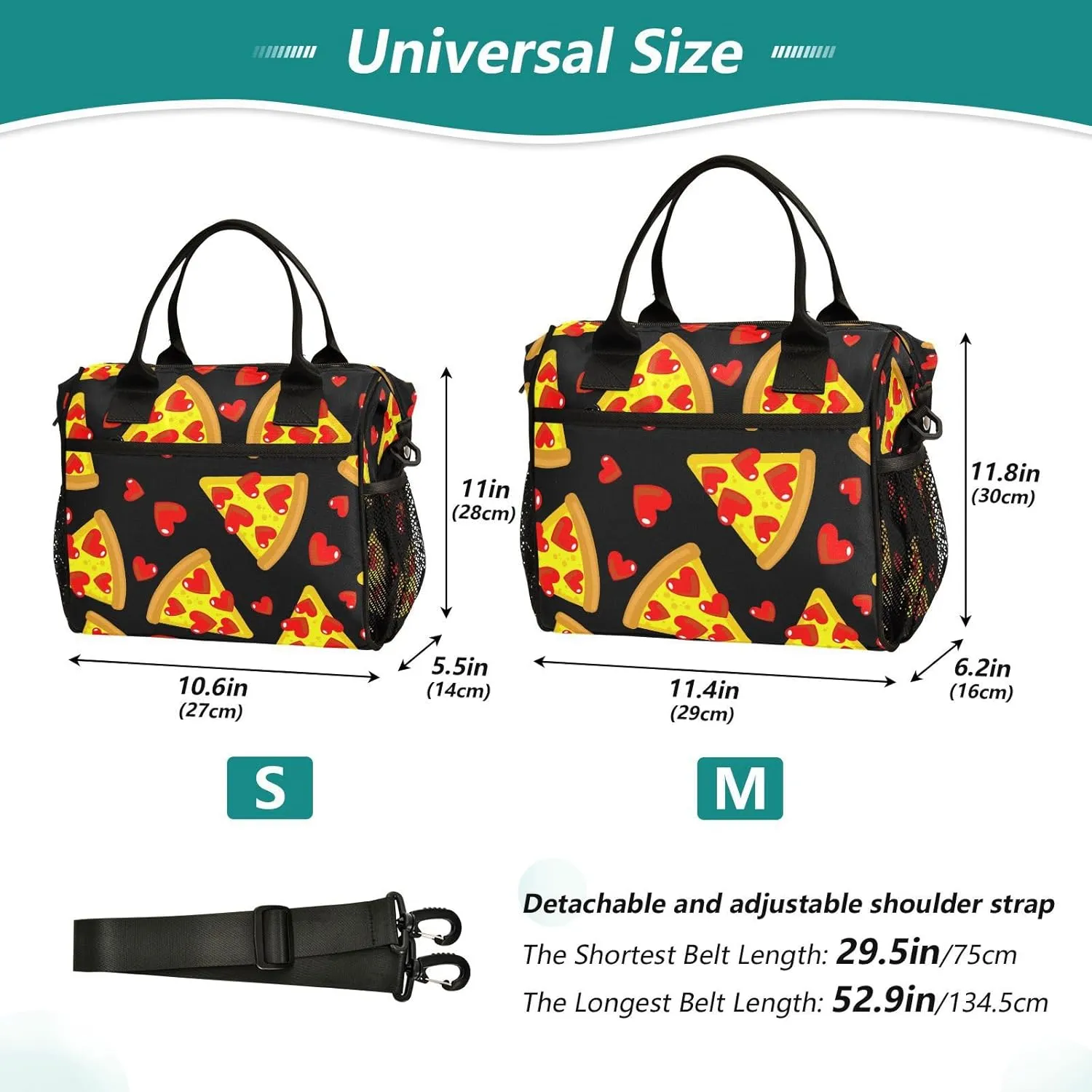 Gredecor Pizza Love Heart Reusable Lunch Bag for Women Men Portable Insulated Lunch Box Tote Large Cooler Bag for Office, 11.4x6.2x11.8 IN