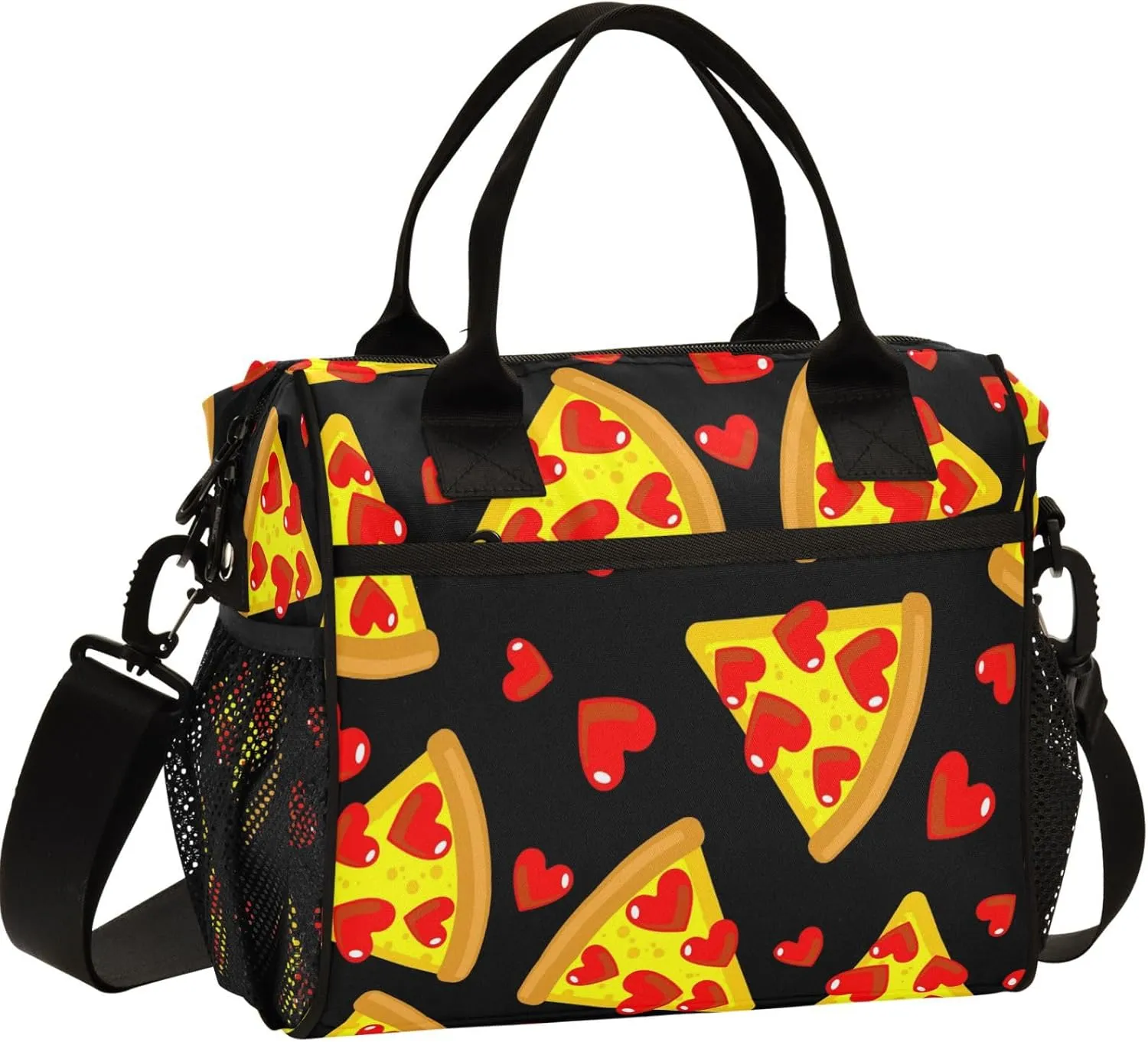 Gredecor Pizza Love Heart Reusable Lunch Bag for Women Men Portable Insulated Lunch Box Tote Large Cooler Bag for Office, 11.4x6.2x11.8 IN
