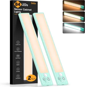 Gritin Under Cabinet Lighting- 84 LED Super Bright,3-Color & 5-Brightness,4 Modes,Motion Sensor, Rechargeable 1800mAh Long Lasting-Easy Installation Magnetic Under Cabinet Closet Lights -2 Pack-Blue