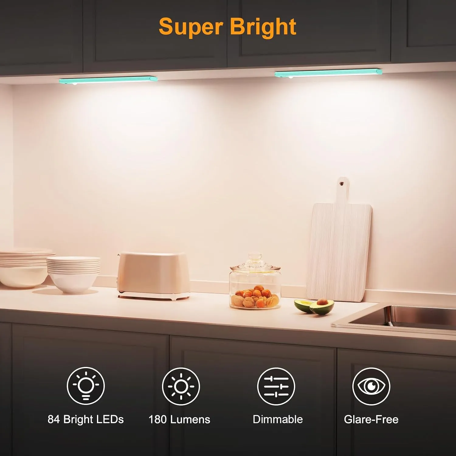 Gritin Under Cabinet Lighting- 84 LED Super Bright,3-Color & 5-Brightness,4 Modes,Motion Sensor, Rechargeable 1800mAh Long Lasting-Easy Installation Magnetic Under Cabinet Closet Lights -2 Pack-Blue