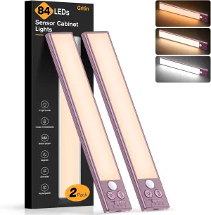 Gritin Under Cabinet Lighting- 84 LED Super Bright,3-Color & 5-Brightness,4 Modes,Motion Sensor, Rechargeable 1800mAh Long Lasting-Easy Installation Magnetic Under Cabinet Closet Lights -2 Pack-Mauve