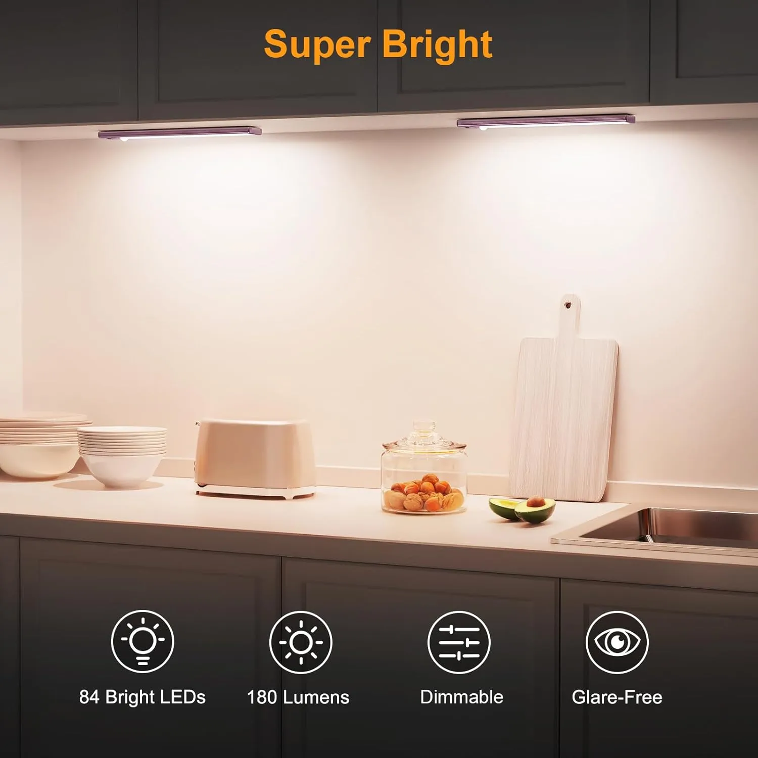 Gritin Under Cabinet Lighting- 84 LED Super Bright,3-Color & 5-Brightness,4 Modes,Motion Sensor, Rechargeable 1800mAh Long Lasting-Easy Installation Magnetic Under Cabinet Closet Lights -2 Pack-Mauve
