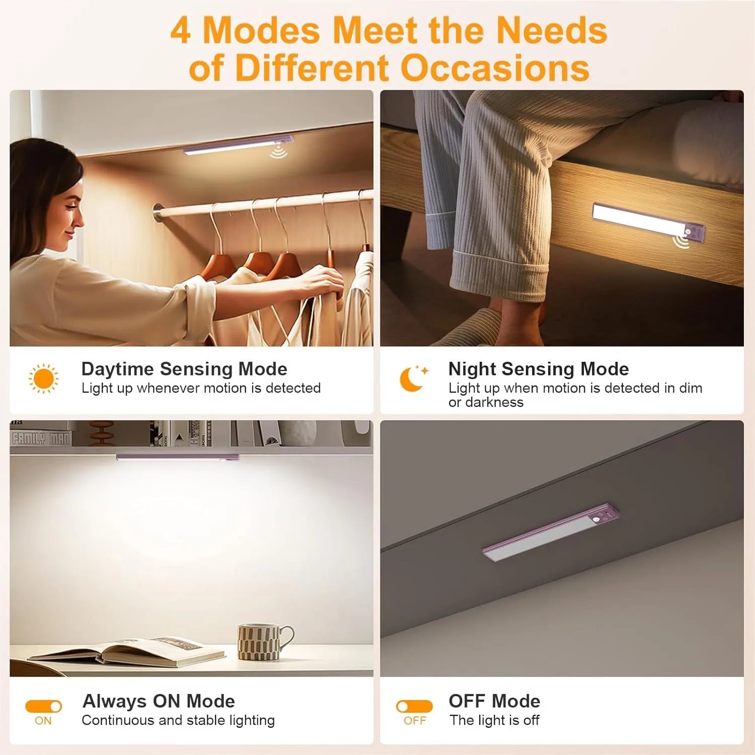 Gritin Under Cabinet Lighting- 84 LED Super Bright,3-Color & 5-Brightness,4 Modes,Motion Sensor, Rechargeable 1800mAh Long Lasting-Easy Installation Magnetic Under Cabinet Closet Lights -2 Pack-Mauve
