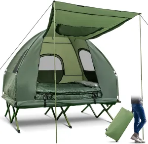 GYMAX Tent Cot, 5-in-1 Elevated Camping Cot with Sunshade, Air Mattress, Sleeping Bag & Pillow, Portable Camping Tent with Carry Bag for Outdoor Camping, Hiking, Fishing, Picnic (2-Person)