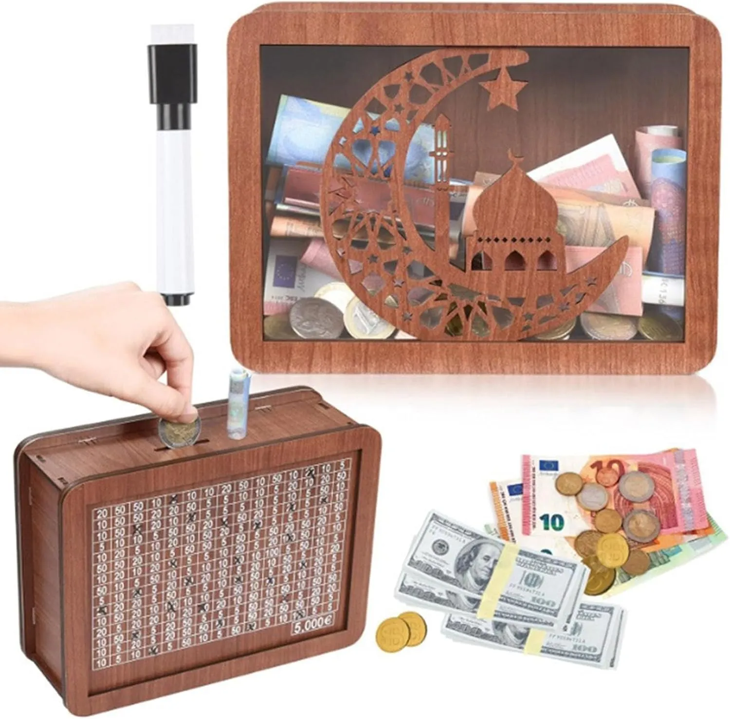 Handmade Natural Wooden PiggyBanks Decorative Saveing Money Box with Money Goal Counter PiggyBanks for Kids
